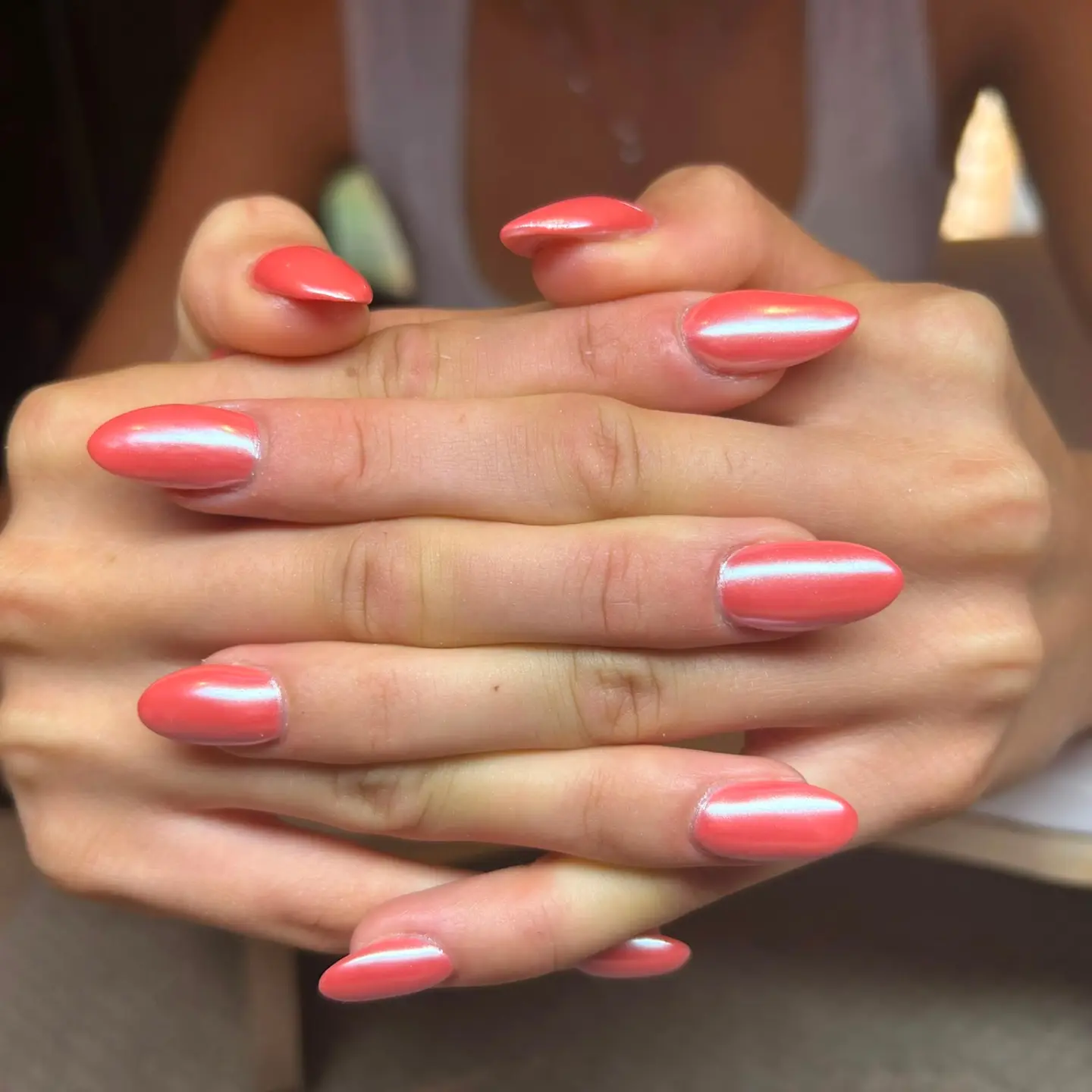 Coral chrome almond nails